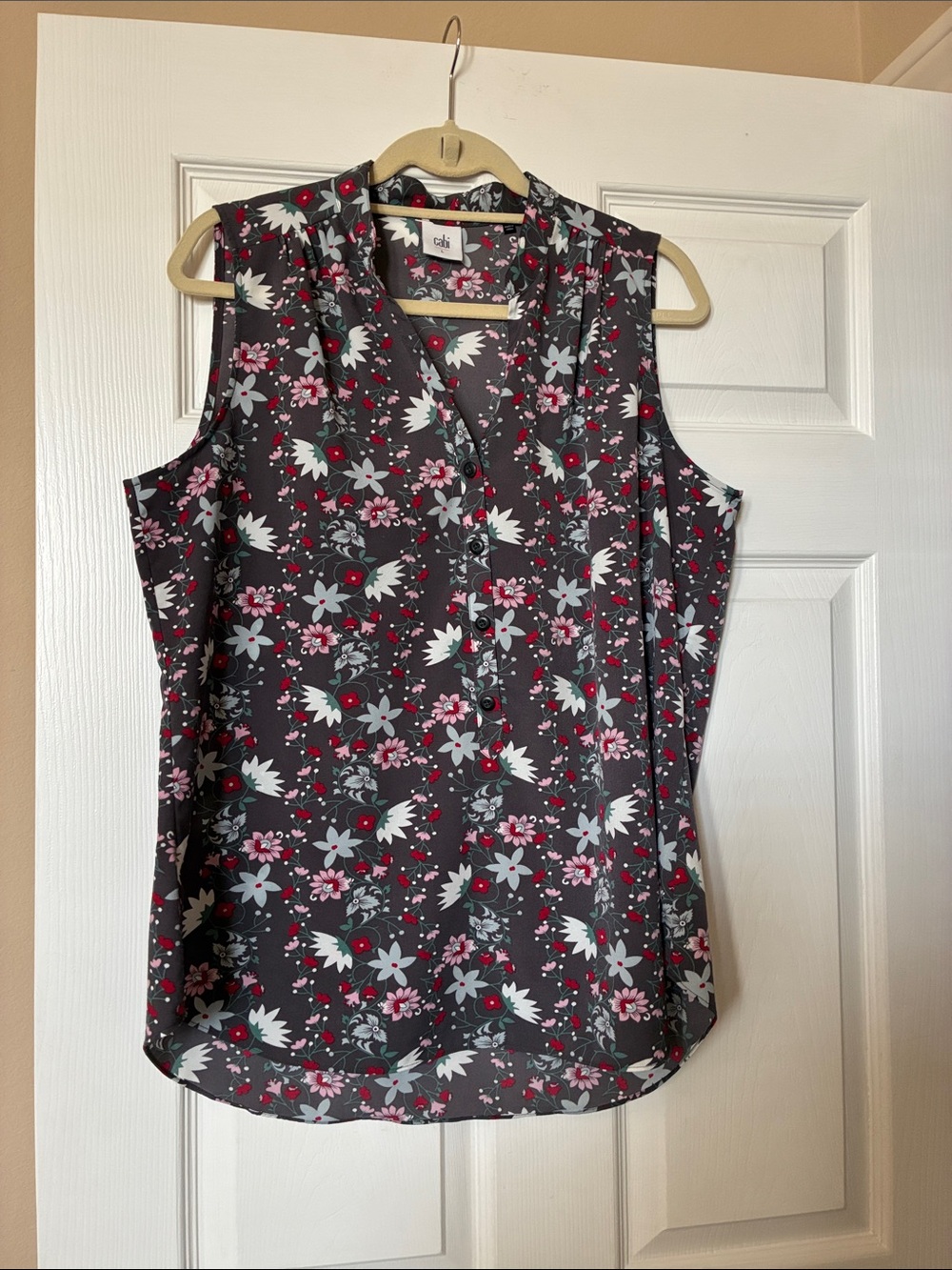 CAbi 5210 Charcoal Floral Sleeveless V-Neck Blouse with Pink and White Flowers